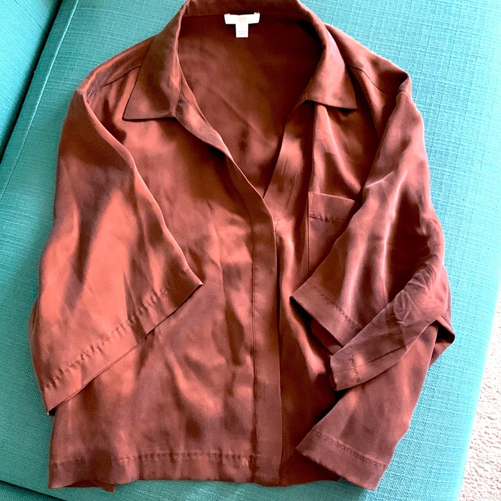Beautiful washable silk pajama top, soft chocolate brown color.